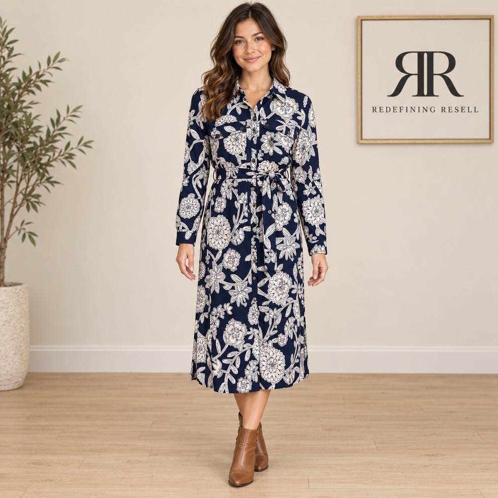 LOFT Petite Floral Midi Shirtdress Navy White Long Sleeve Button Front SP NWT